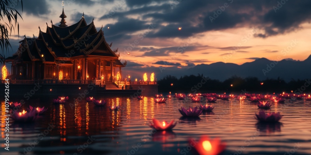 Obraz premium Thai temple in twilight with krathongs floating on nearby water,space for text