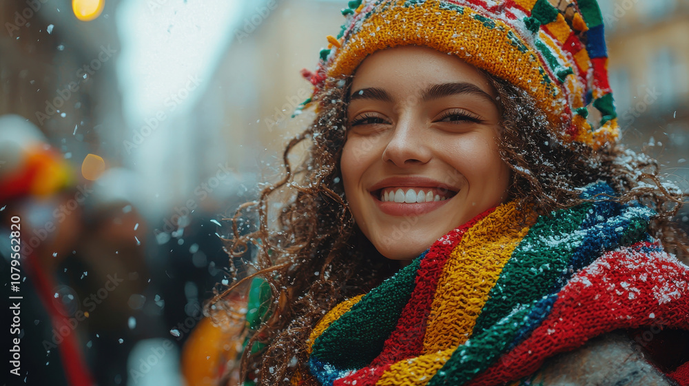 Smiling woman in colorful hat and scarf enjoying snowy day outdoors Smiling woman in colorful hat and scarf enjoying snowy day outdoors