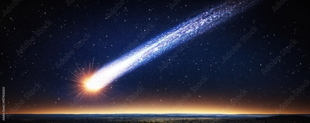 A comet streaking across a starry sky, illuminating the horizon at dusk. A comet streaking across a starry sky, illuminating the horizon at dusk.