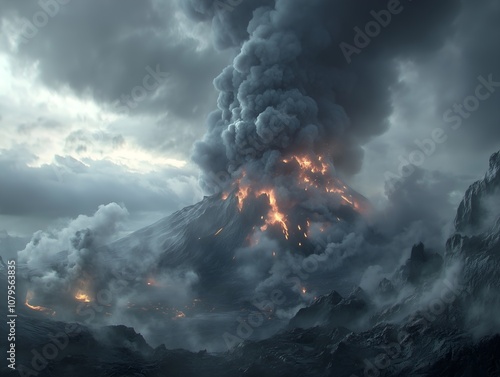 Dramatic scene of a volcano erupting with lava spewing from the crater, thick ash clouds, showcasing nature's raw power