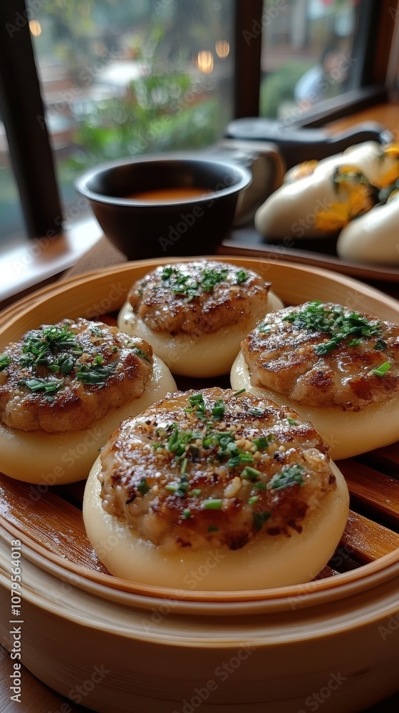Pork and Herb Bao Buns, freshly steamed, vibrant presentation, indulgent flavors, culinary delight, gourmet street food experience Pork and Herb Bao Buns, freshly steamed, vibrant presentation, indulgent flavors, culinary delight, gourmet street food experience