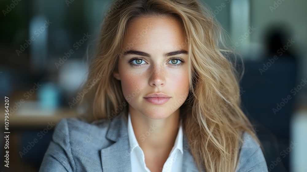 A businesswoman with long, wavy hair and clear blue eyes sits confidently at a desk, wearing a tailored suit. She appears focused and poised, ready to engage in a strategic discussion. A businesswoman with long, wavy hair and clear blue eyes sits confidently at a desk, wearing a tailored suit. She appears focused and poised, ready to engage in a strategic discussion.