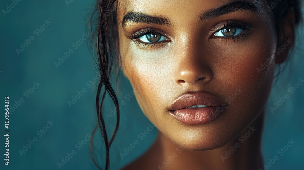 Attractive female model captured in a close up portrait under studio spotlight showcasing her appealing features Attractive female model captured in a close up portrait under studio spotlight showcasing her appealing features