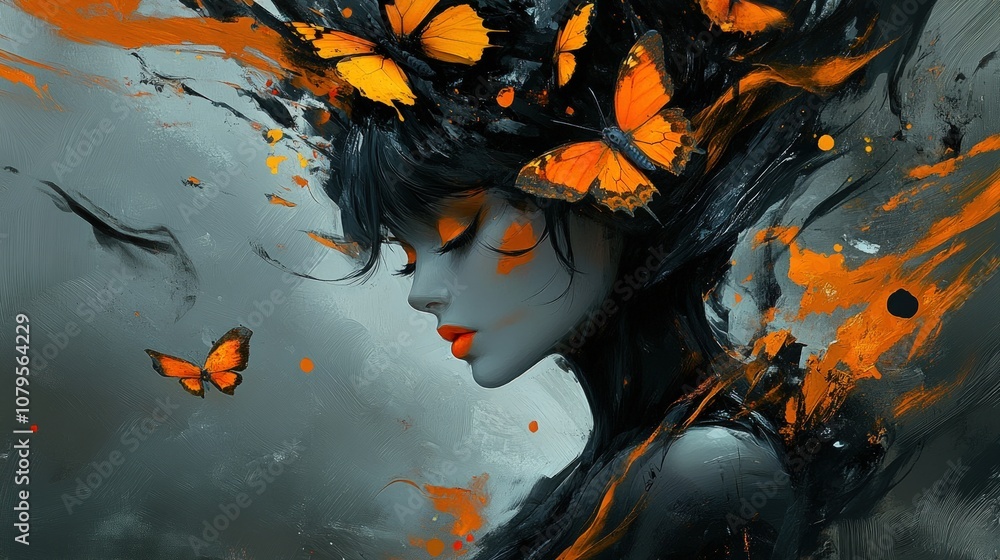 A woman with flowing black hair and orange butterflies. A woman with flowing black hair and orange butterflies.