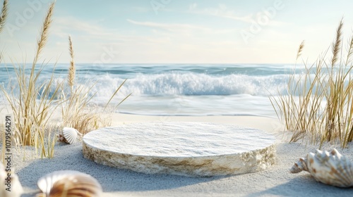 Beach Scene with White Stone Platform, Sea and Shells for Summer Product Display photo