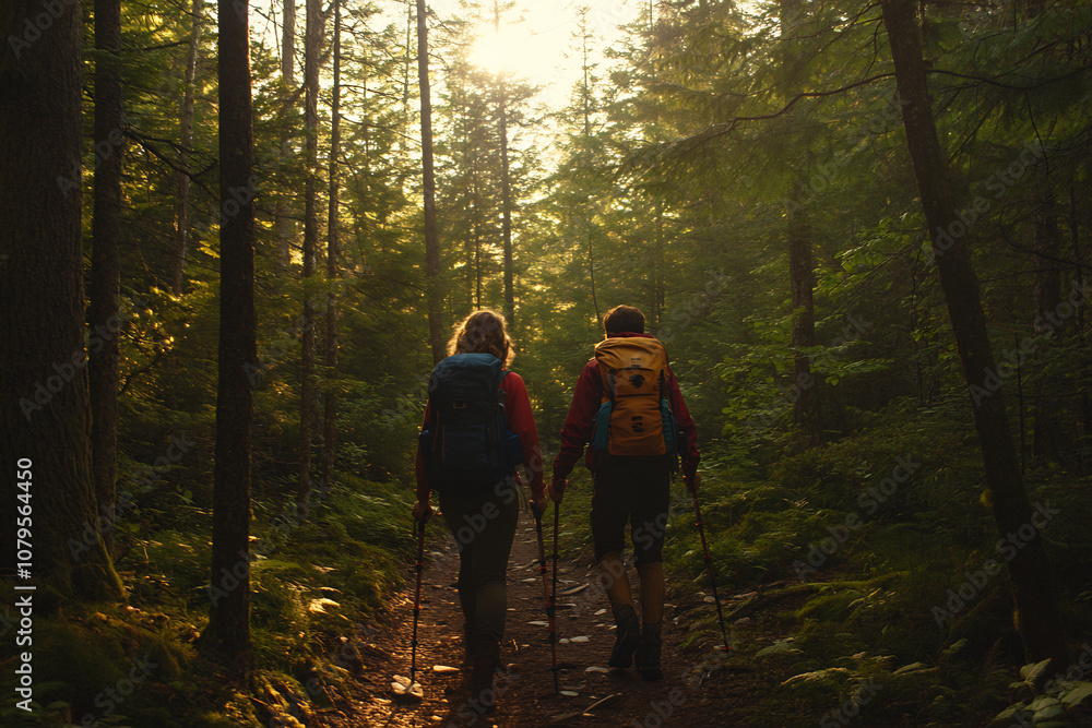 Two hikers with backpacks and trekking poles walk along a forest trail, illuminated by soft morning sunlight filtering through tall trees. Two hikers with backpacks and trekking poles walk along a forest trail, illuminated by soft morning sunlight filtering through tall trees.