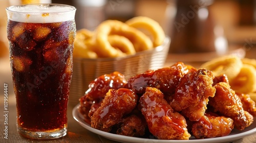 Crispy Fried Chicken Wings with BBQ Sauce and Cold Soda on a Wooden Table