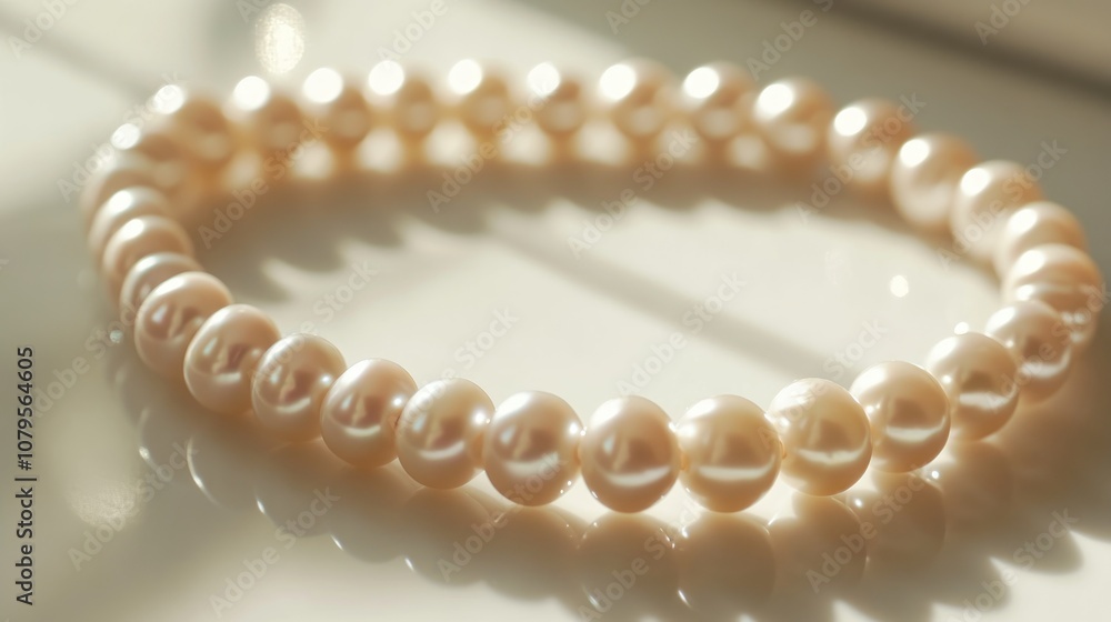 Close up of a strand of perfectly round pearls radiating a warm creamy hue contrasted against a soft light background for an elegant and timeless appearance Close up of a strand of perfectly round pearls radiating a warm creamy hue contrasted against a soft light background for an elegant and timeless appearance