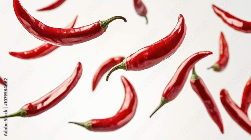 Red chili peppers in mid air isolated against a white backdrop Red chili peppers in mid air isolated against a white backdrop