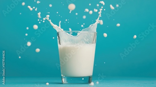 Milk Splashing into a Glass Against a Blue Backdrop