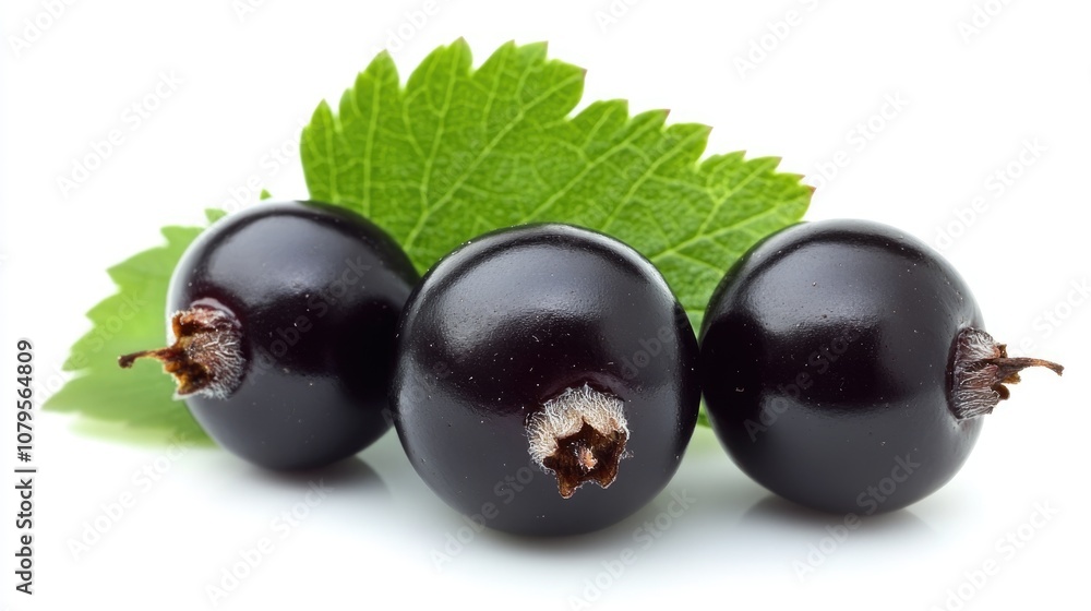 Four juicy blackcurrants accompanied by a green leaf set against a white background Four juicy blackcurrants accompanied by a green leaf set against a white background