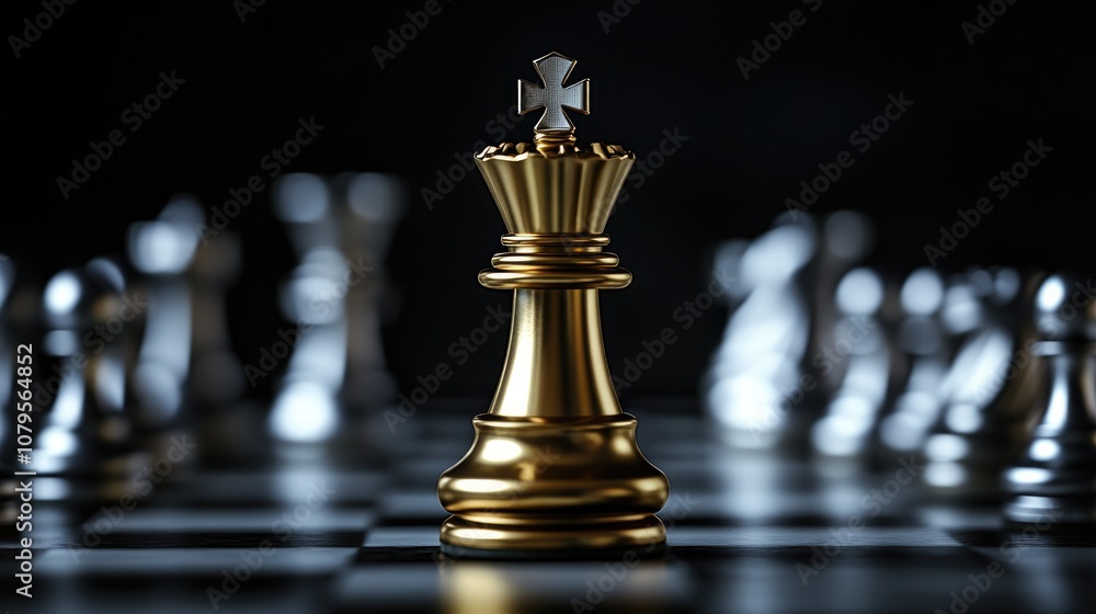 Golden king surrounded by silver chess pieces on a chessboard symbolizing competition victory and strategic teamwork in a dark setting Golden king surrounded by silver chess pieces on a chessboard symbolizing competition victory and strategic teamwork in a dark setting