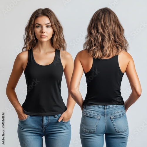 Woman in Black Tank Top and Blue Jeans - Front and Back View Mockup