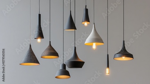 A collection of contemporary pendant lamps against a gray background providing limitless design options Enhance your environment with these beautiful lighting fixtures