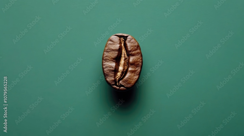 Roasted coffee bean poised atop a green background Roasted coffee bean poised atop a green background