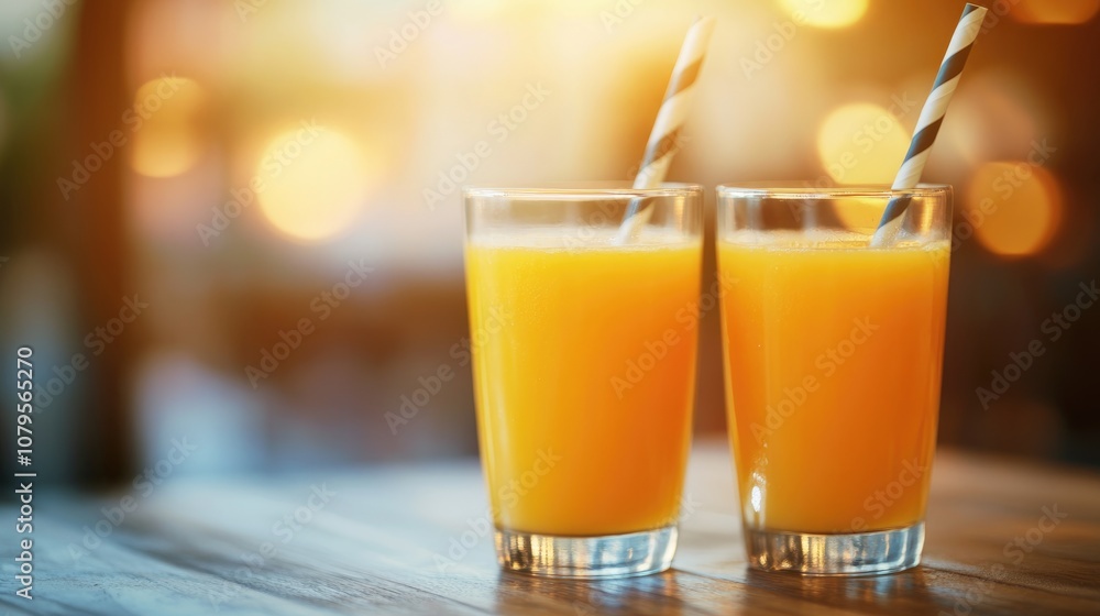Two glasses of fresh orange juice with striped straws on a wooden table illuminated by morning light Ideal for a refreshing breakfast drink theme Two glasses of fresh orange juice with striped straws on a wooden table illuminated by morning light Ideal for a refreshing breakfast drink theme