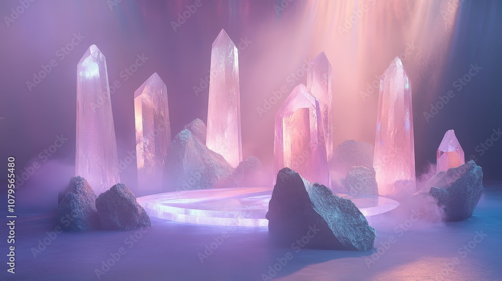 Crystals, Fog, and Pink and Blue Neon Lights - Abstract Mystical Background for Product Display Crystals, Fog, and Pink and Blue Neon Lights - Abstract Mystical Background for Product Display