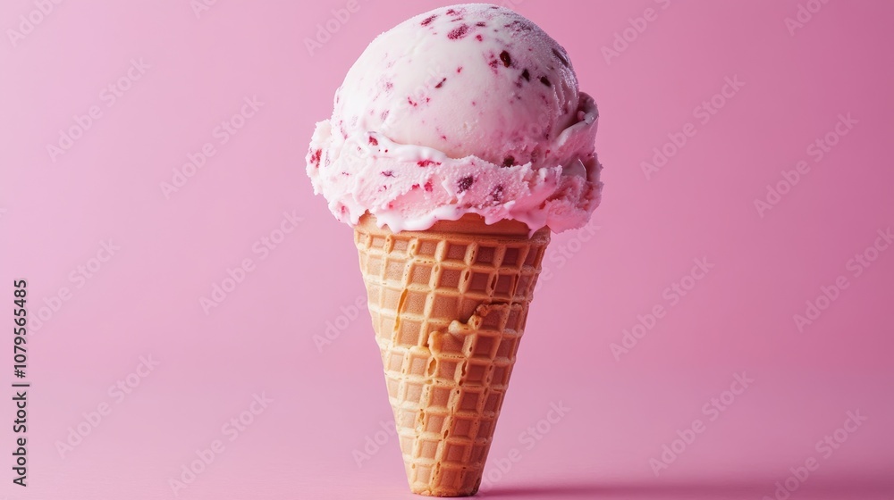 Ice cream served in a waffle cone against a pink backdrop Ice cream served in a waffle cone against a pink backdrop