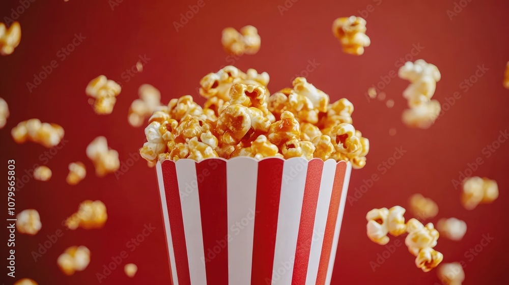Caramel popcorn served in a red and white striped paper cup Caramel popcorn served in a red and white striped paper cup