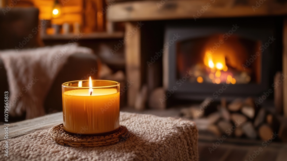 Aromatic candle placed on a hearth within a cozy cottage setting Aromatic candle placed on a hearth within a cozy cottage setting