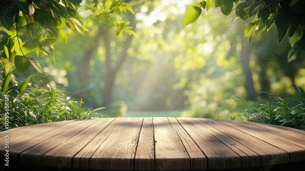 Wooden Tabletop with Blurred Green Forest Background, Summer Nature Scene. Wooden Tabletop with Blurred Green Forest Background, Summer Nature Scene.