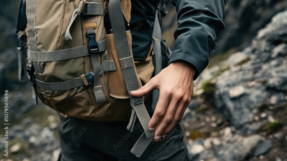 Closeup of a Climber's Hand Adjusting Backpack Strap While Hiking on a Rocky Trail. Closeup of a Climber's Hand Adjusting Backpack Strap While Hiking on a Rocky Trail.