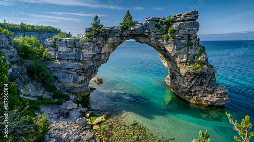 Natural rock arch formation overlooking crystal clear waters at bayfield ontario scenic landscape photography tranquil coastal environment aerial view of nature's beauty photo