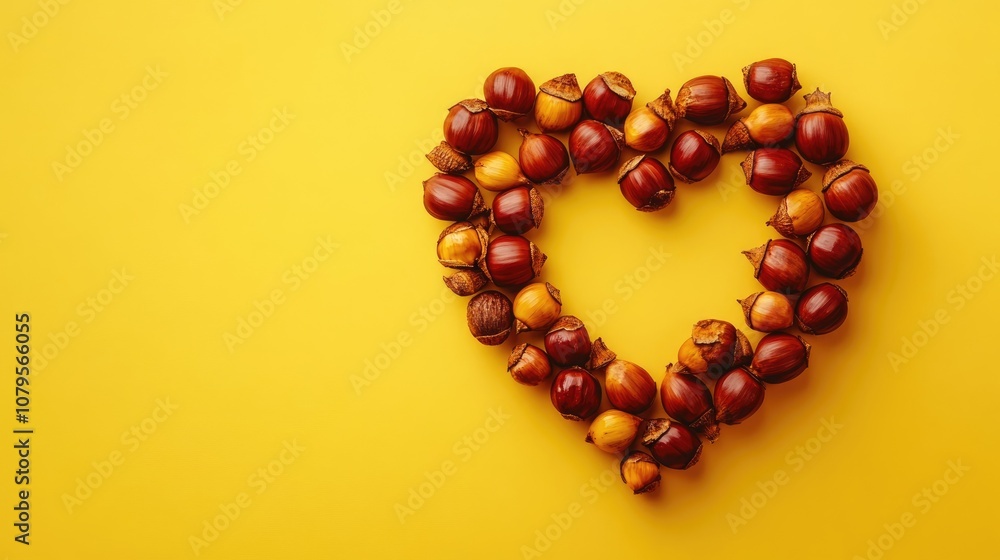 Top down perspective of a heart shape crafted from horse chestnuts on a yellow surface with an area for text on the right side Top down perspective of a heart shape crafted from horse chestnuts on a yellow surface with an area for text on the right side
