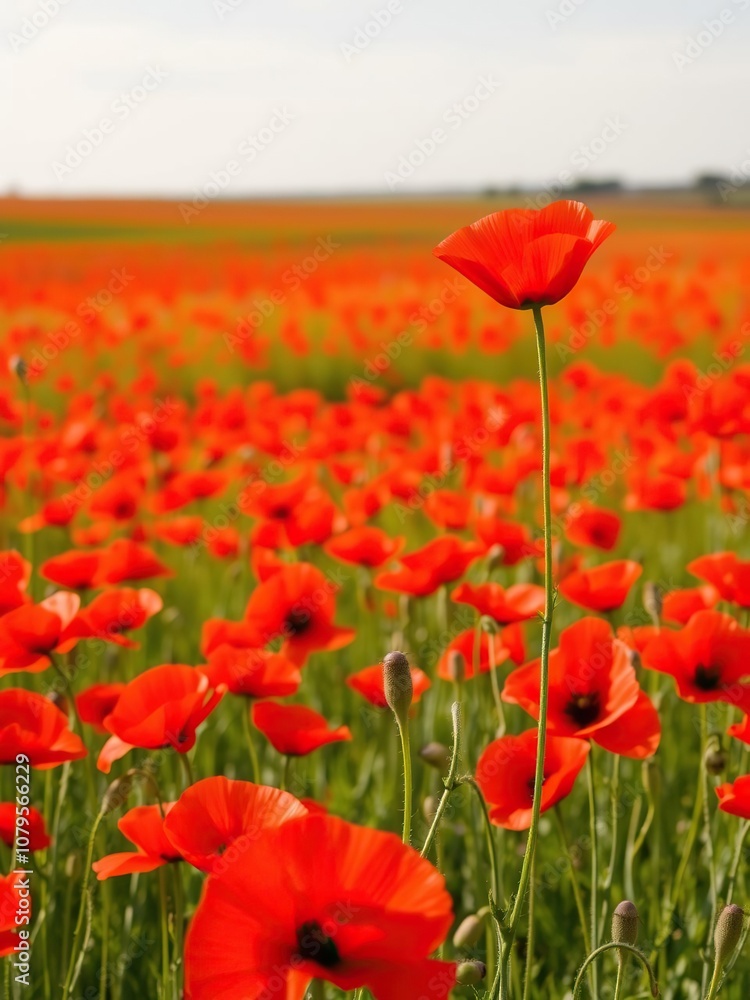 Vibrant red poppy standing out against a sea of red poppy flowers in a breathtaking field, flower, bloom Vibrant red poppy standing out against a sea of red poppy flowers in a breathtaking field, flower, bloom