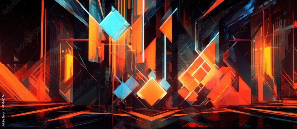 Fototapeta premium Abstract digital art with glowing geometric shapes in orange, blue, and black.
