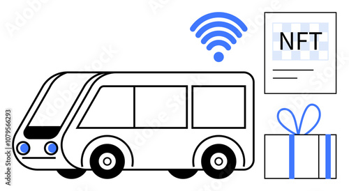 Autonomous electric bus with wireless symbol, NFT pass, and gift box representing connected, innovative transport services. Ideal for public transit, smart city projects, tech integration