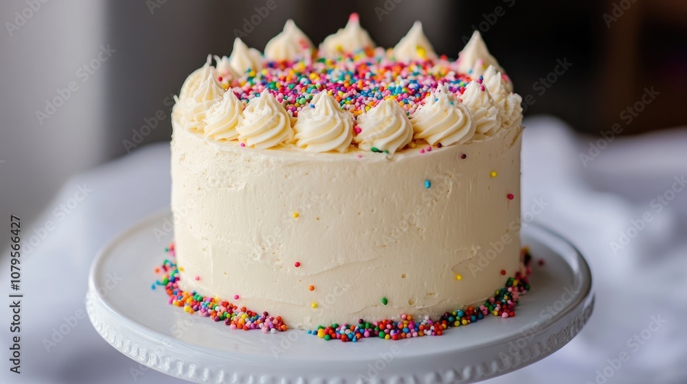 Decadent vanilla cake adorned with rich frosting and vibrant sprinkles ideal for festive occasions and delightful desserts Decadent vanilla cake adorned with rich frosting and vibrant sprinkles ideal for festive occasions and delightful desserts
