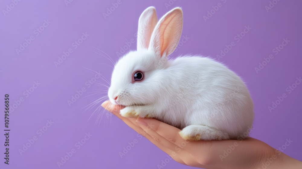 Floppy eared rabbit resting on a hand against a purple background highlighting a serene and affectionate pet theme Floppy eared rabbit resting on a hand against a purple background highlighting a serene and affectionate pet theme