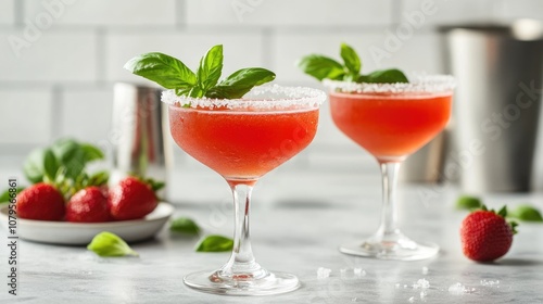 Refreshing strawberry basil cocktails served in glass goblets featuring a salted rim