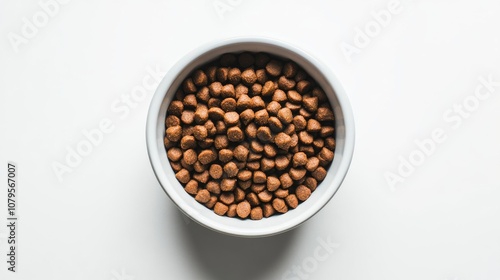 A bowl filled with dry cat food set against a white backdrop