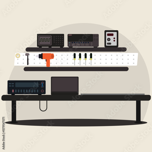 Illustrated Workshop Table with Tools and Electronic Equipment