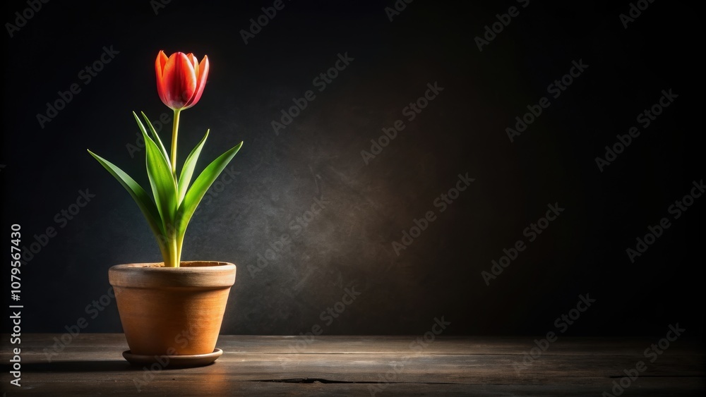 Low saturation wildlife photograph of a single tulip flower in a pot on a black background, tulip, flower, pot Low saturation wildlife photograph of a single tulip flower in a pot on a black background, tulip, flower, pot