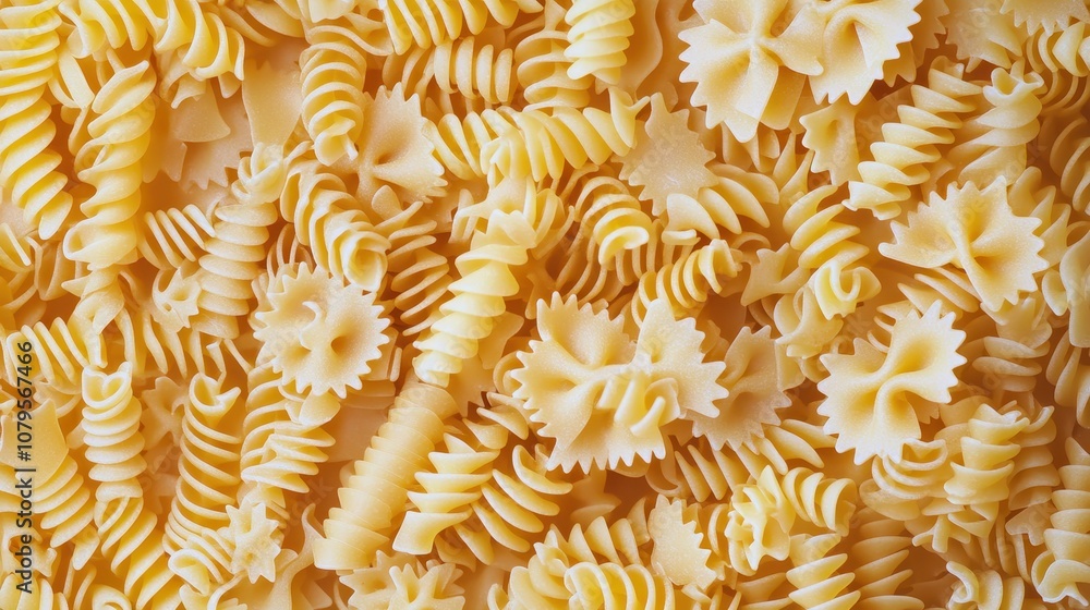 Close Up of Uncooked Pasta Shapes, Rotini and Farfalle, Food Background Texture Close Up of Uncooked Pasta Shapes, Rotini and Farfalle, Food Background Texture