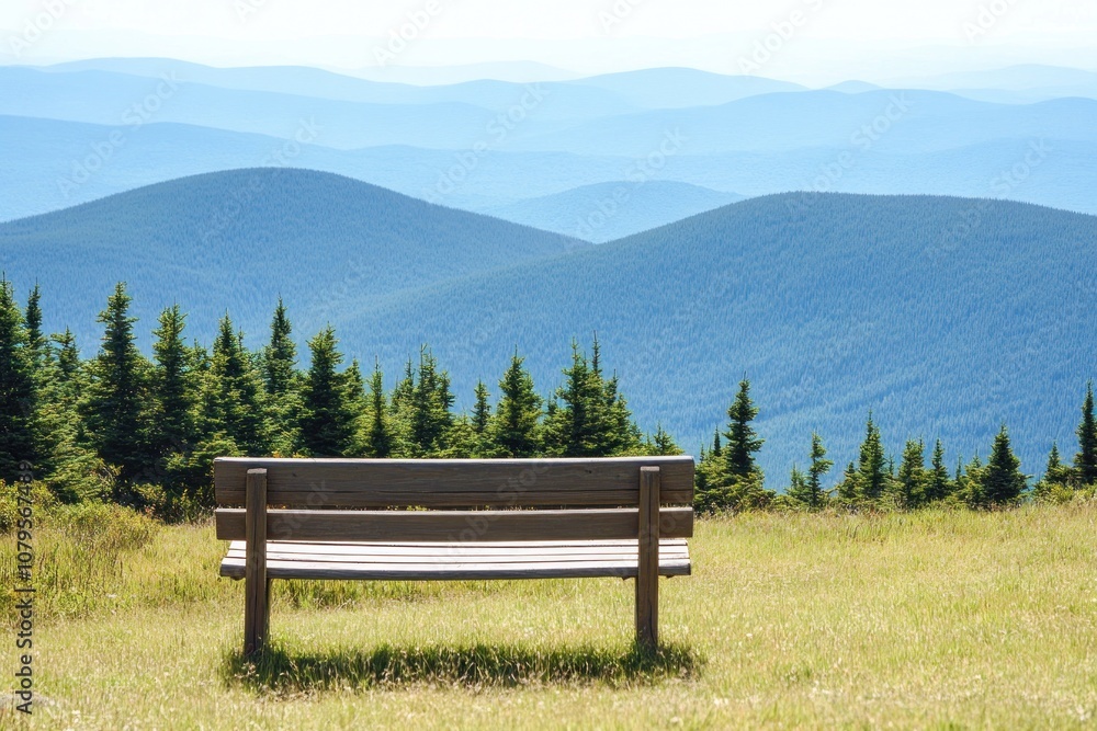 A serene bench overlooking rolling hills and mountains in a tranquil natural setting. A serene bench overlooking rolling hills and mountains in a tranquil natural setting.