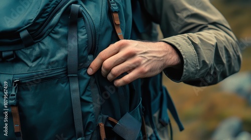 Closeup of a Man's Hand Adjusting a Blue Backpack Strap While Hiking in the Wilderness.