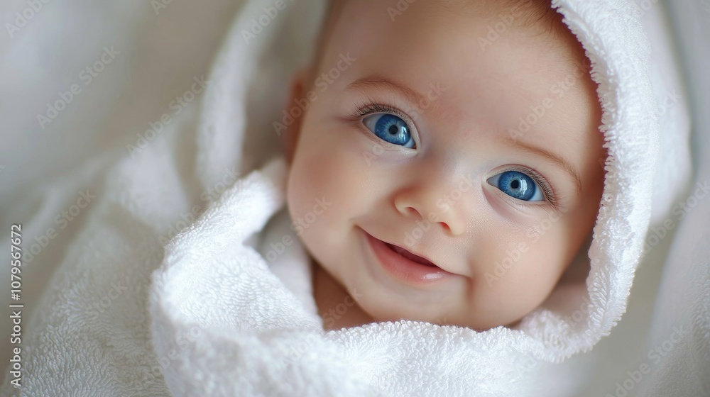 Joyful baby wrapped in a white towel showcasing bright blue eyes Joyful baby wrapped in a white towel showcasing bright blue eyes