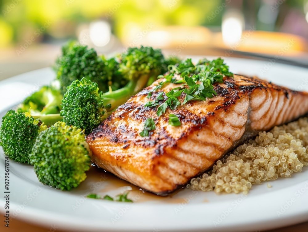 Close-up of Grilled Salmon with Quinoa and Broccoli on a White Plate. Close-up of Grilled Salmon with Quinoa and Broccoli on a White Plate.