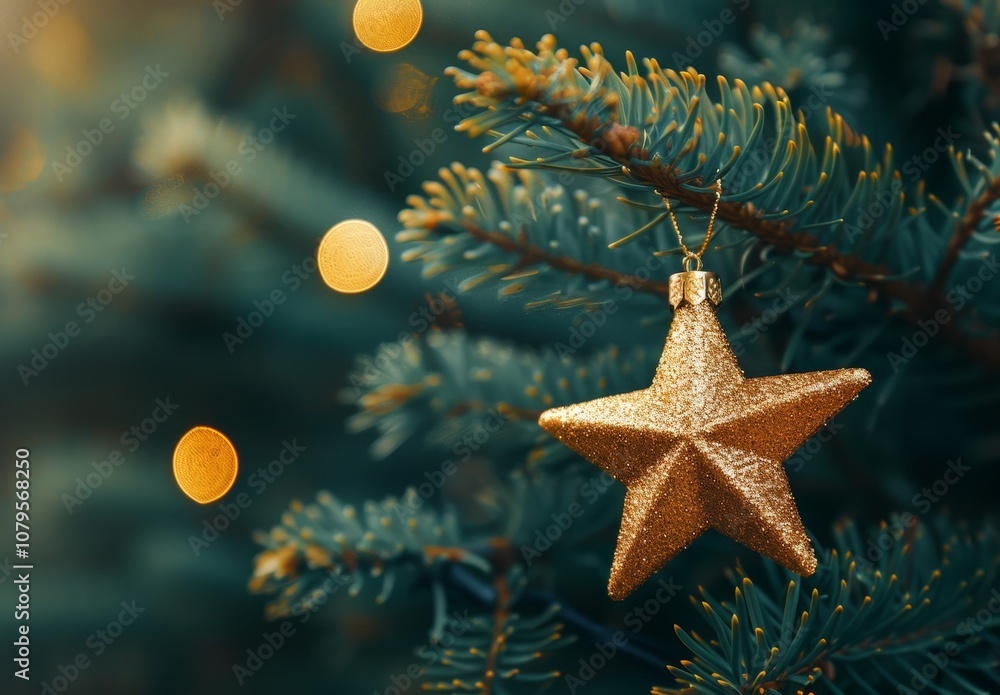Golden Star Ornament on a Christmas Tree Golden Star Ornament on a Christmas Tree