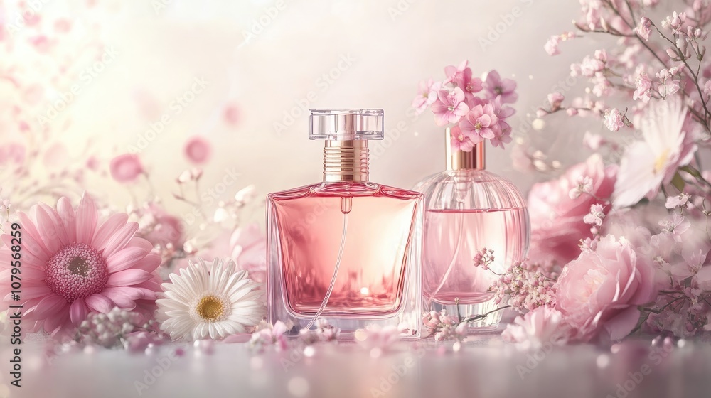 Fragrant perfume bottles adorned with flowers against a soft background showcasing beauty and elegance in cosmetics and fragrance Fragrant perfume bottles adorned with flowers against a soft background showcasing beauty and elegance in cosmetics and fragrance