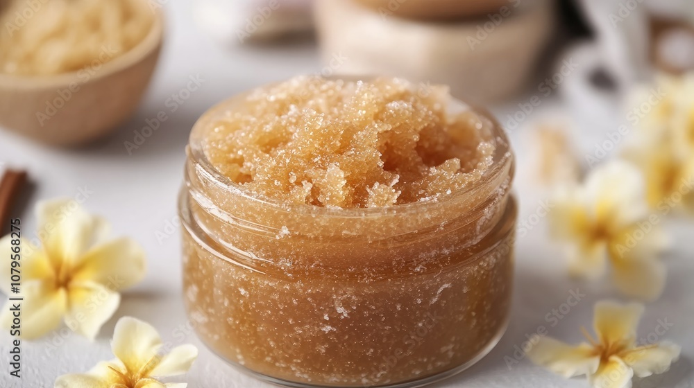 Exfoliating caramel body scrub in a glass jar Concept of body skincare and rejuvenation Exfoliating caramel body scrub in a glass jar Concept of body skincare and rejuvenation