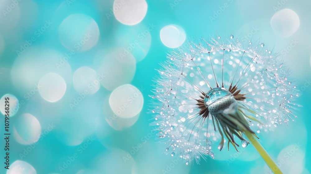Dew drop resting on a dandelion macro flower with soft selective focus against a vibrant blue and light turquoise backdrop A stunning artistic representation of nature s beauty Dew drop resting on a dandelion macro flower with soft selective focus against a vibrant blue and light turquoise backdrop A stunning artistic representation of nature s beauty