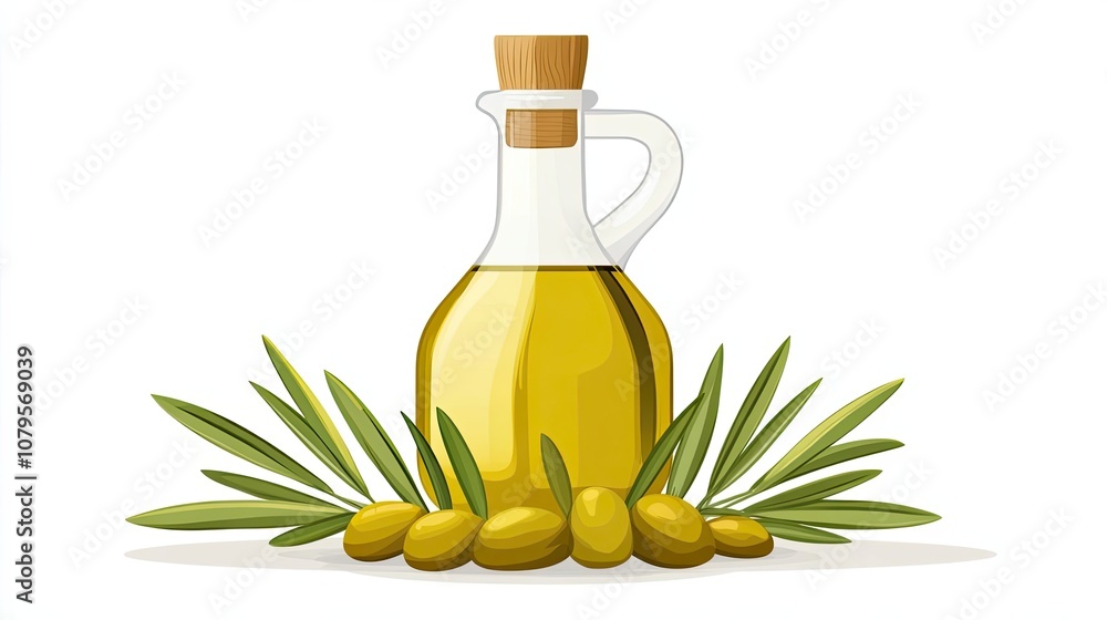 Glass Bottle of Olive Oil with Olives and Branches Glass Bottle of Olive Oil with Olives and Branches
