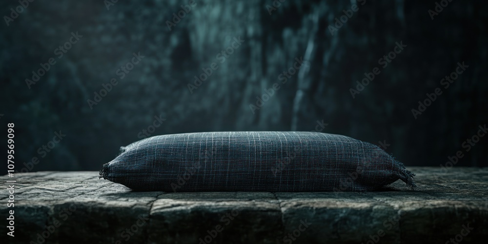 Fototapeta premium A solitary pillow rests on a stone surface against a blurred, dark background.
