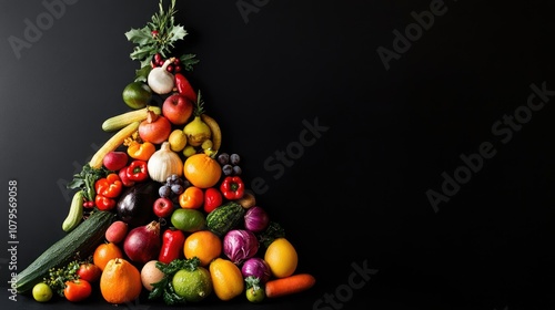 Fototapeta Naklejka Na Ścianę i Meble -  Assorted vegetables and fruits arranged in a triangle shape resembling a Christmas tree set against a black background with ample copy space