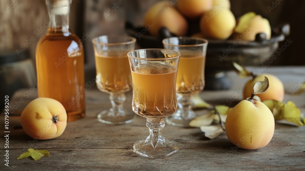 Homemade quince liqueur a delightful combination of fruit and spirits Homemade quince liqueur a delightful combination of fruit and spirits